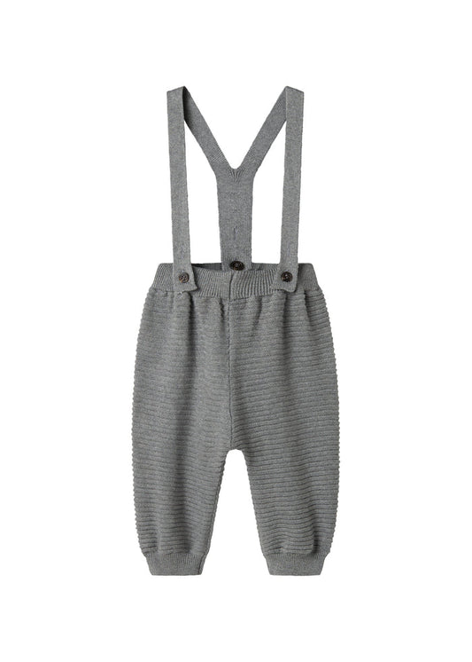 Gray knitted pants with suspenders and pretty buttons for baby