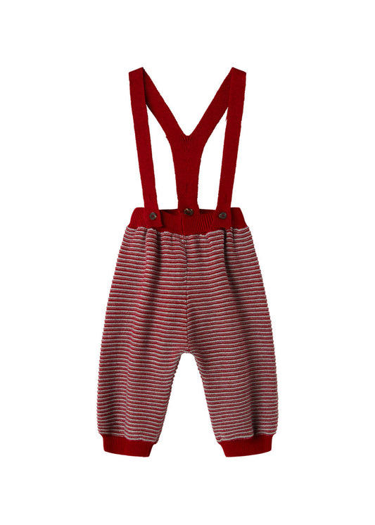 Knitted trousers with red and grey stripes and suspenders for baby