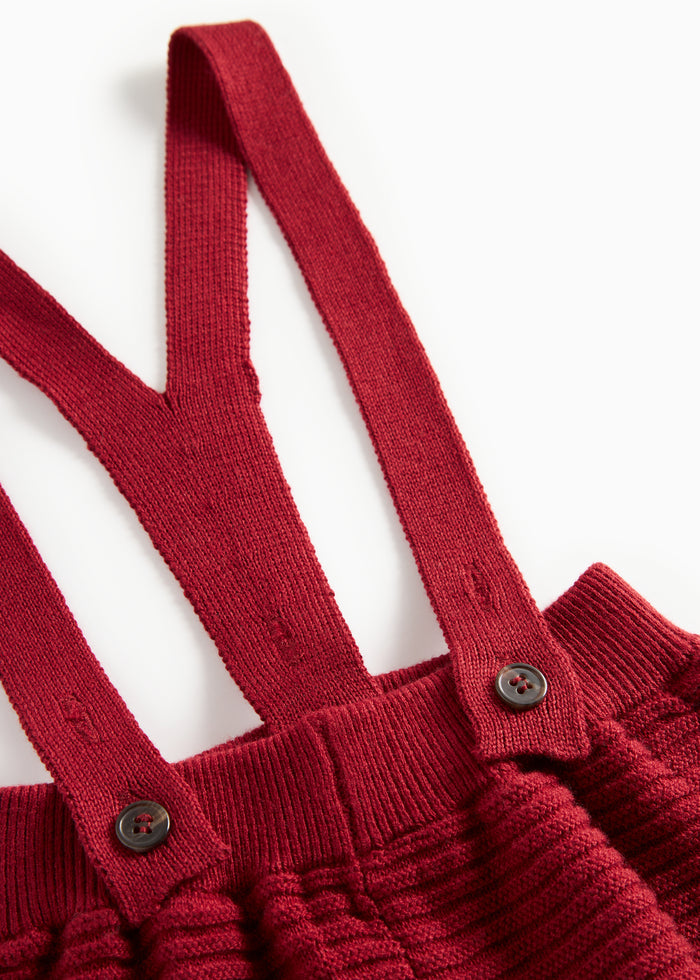 Red knitted pants with suspenders and pretty buttons for baby