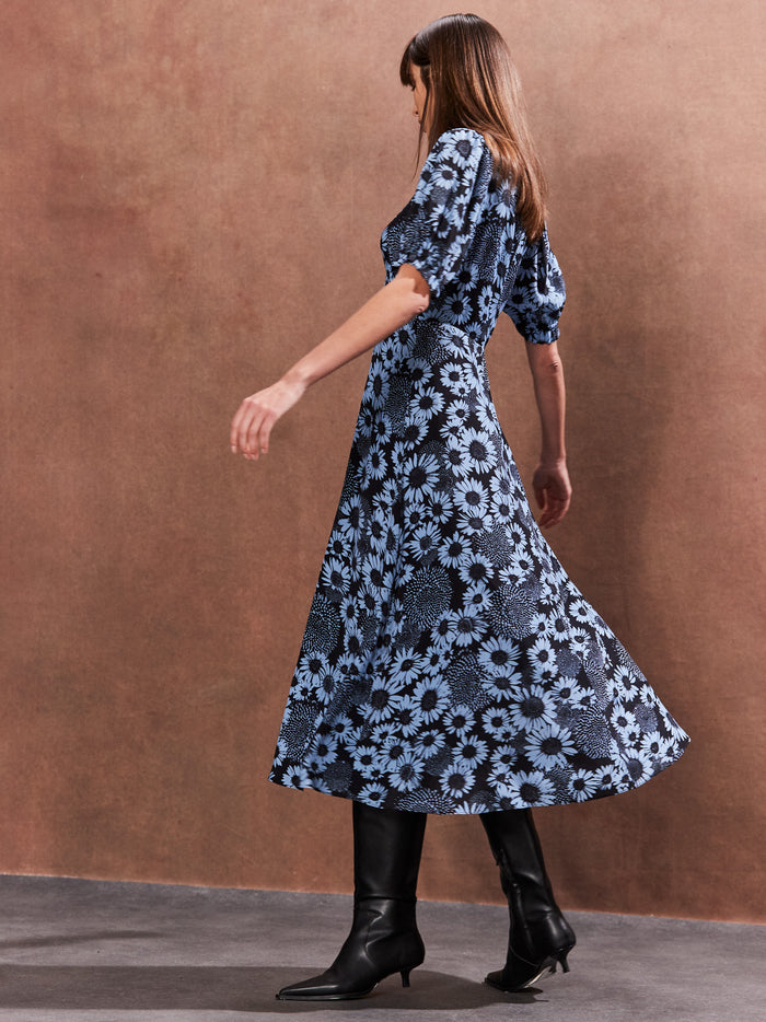 Petite Blue Daisy Print Midi Dress