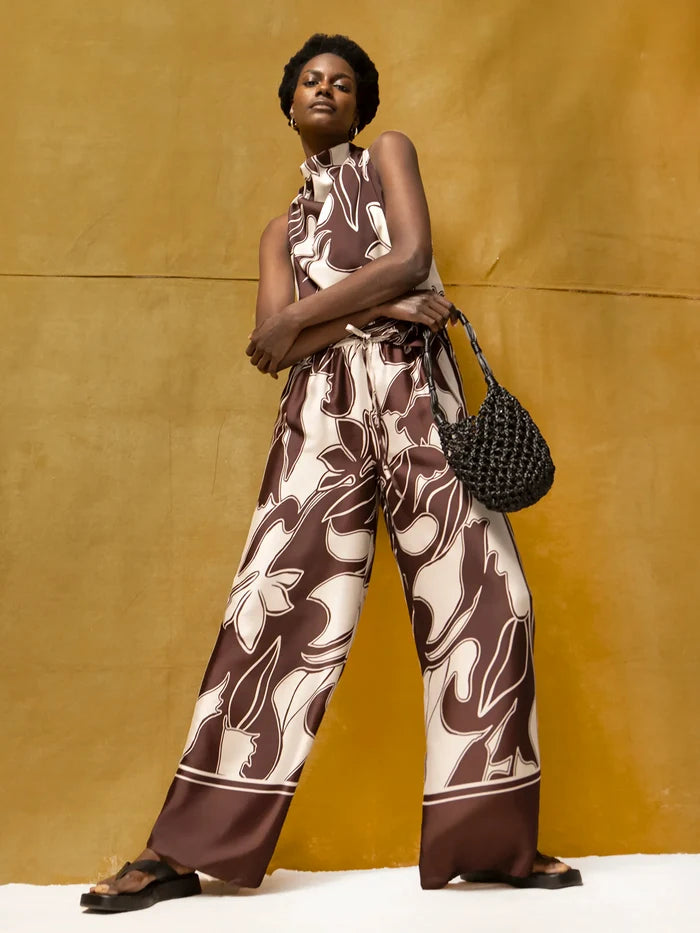 Petite Brown Swirl Border Print Trouser