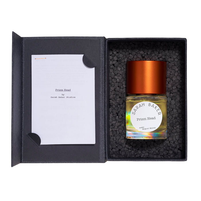 Sarah Baker Perfumes Prism Head 50ml Eau de Parfum open gift box with bottle and booklet on black foam packing insert