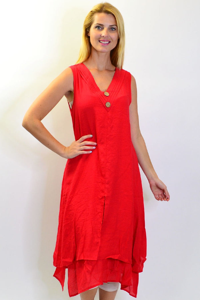 Red sleeveless cotton tunic dress from La Mode featuring coconut button details and a relaxed, stylish fit.