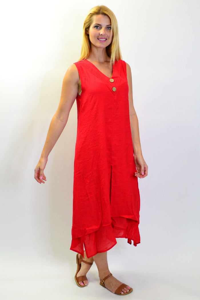 Red sleeveless coconut button tunic dress by La Mode, featuring a relaxed fit and stylish design, displayed on a hanger.