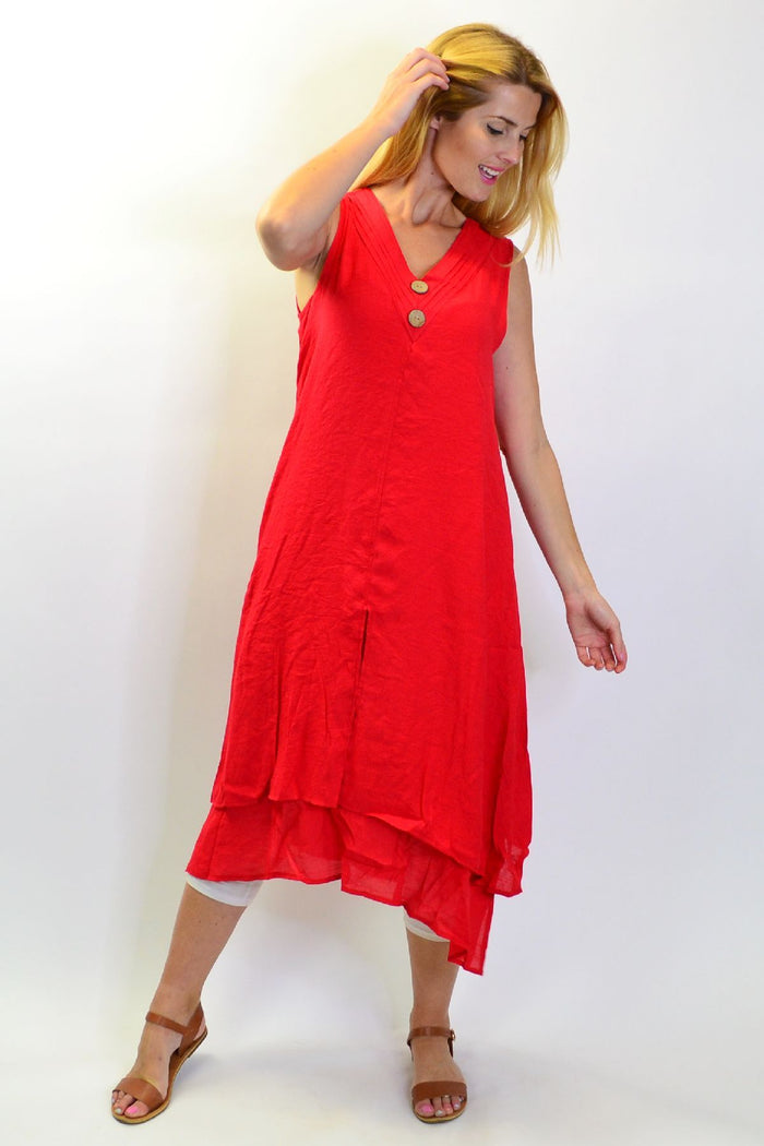 Red sleeveless coconut button tunic dress by La Mode, featuring a relaxed fit and casual style with coconut button details.