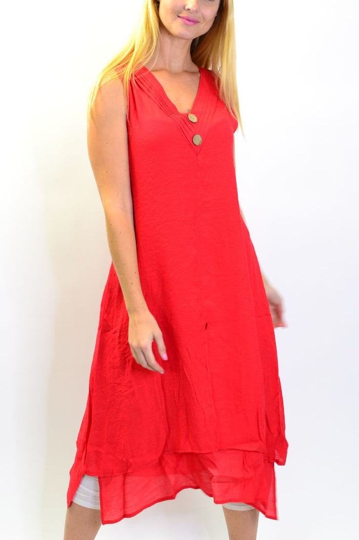 Red sleeveless coconut button tunic dress from La Mode, featuring a relaxed fit and stylish design perfect for casual wear.