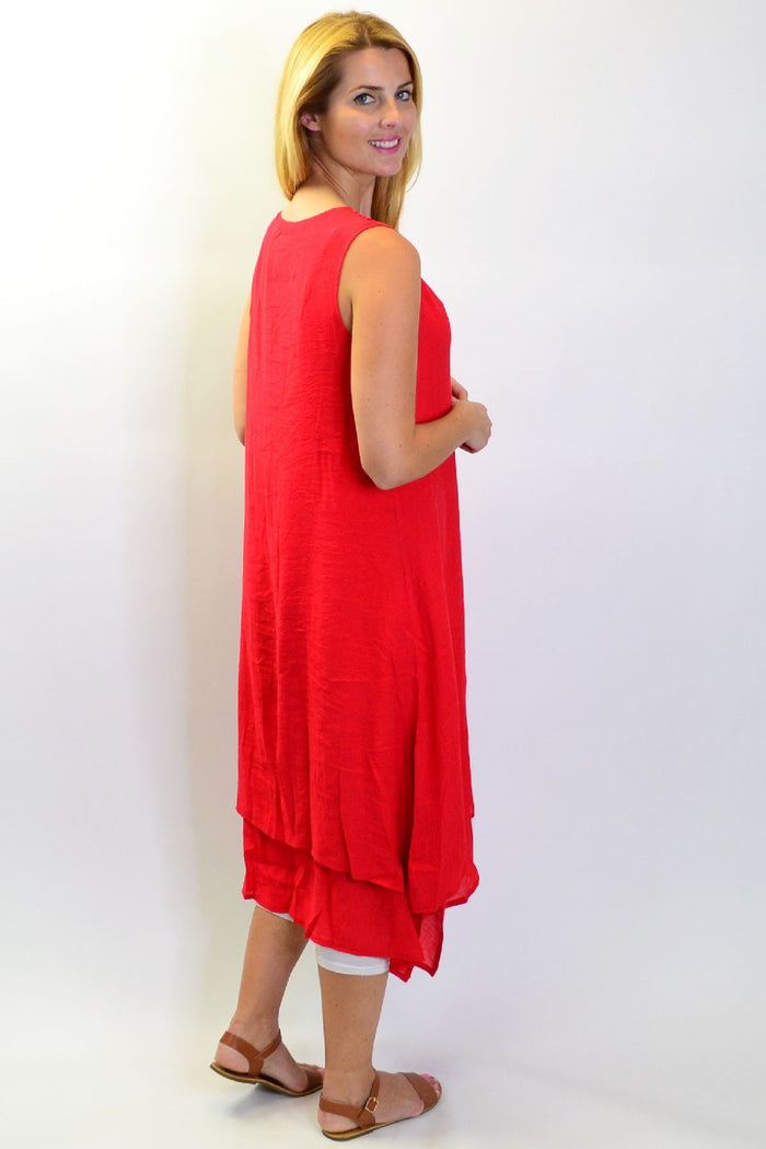 Red sleeveless cotton tunic dress by La Mode featuring coconut button details and a relaxed, casual fit.
