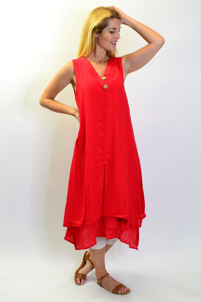 Red sleeveless coconut button tunic dress by La Mode, featuring a comfortable cotton fabric and stylish design.