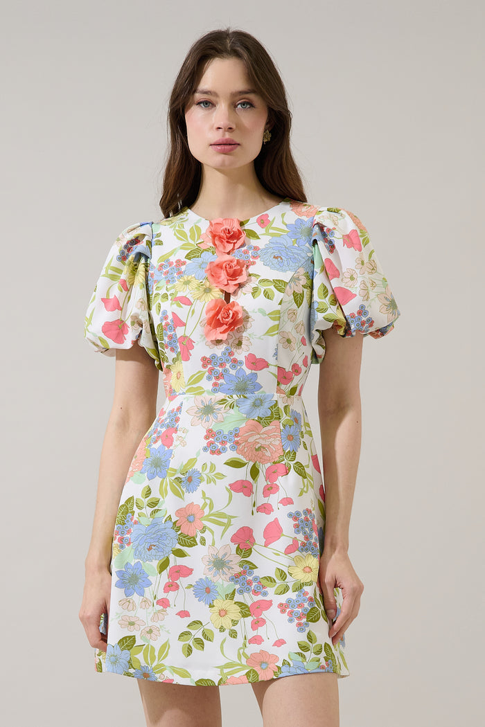 Rosette Bubble Sleeve Mini Dress Esther Floral