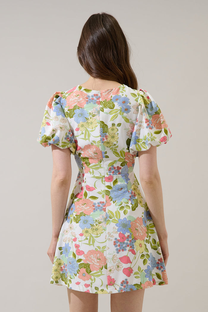 Rosette Bubble Sleeve Mini Dress Esther Floral