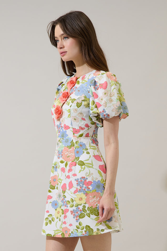 Rosette Bubble Sleeve Mini Dress Esther Floral