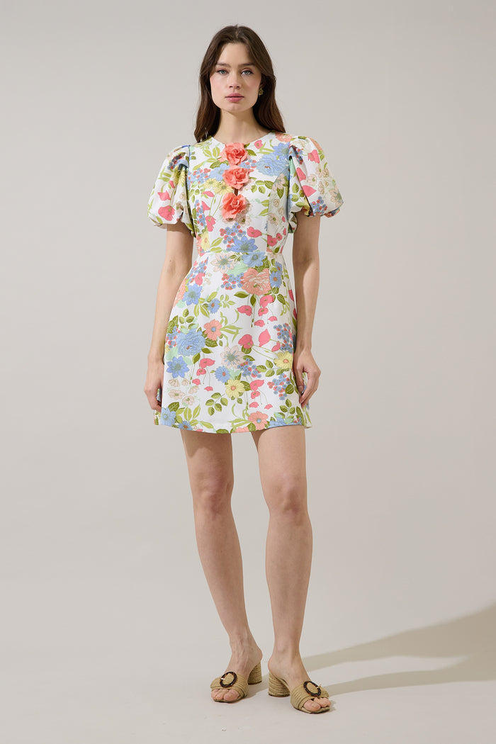 Rosette Bubble Sleeve Mini Dress Esther Floral