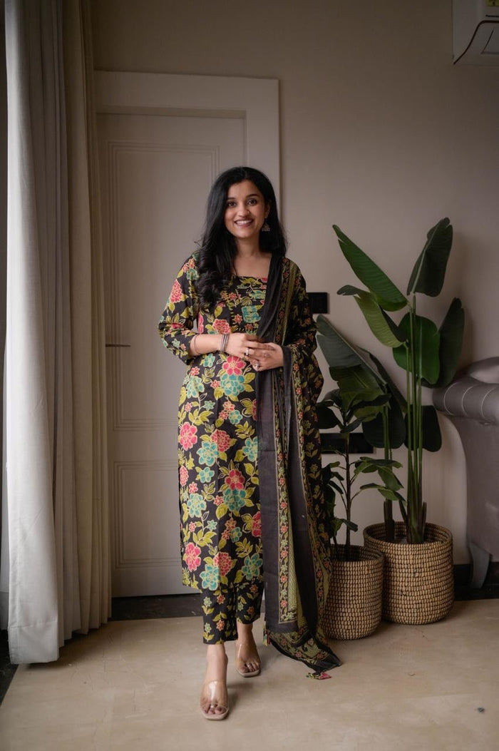 Samya Budget Cotton Suit- Black Multi Florals