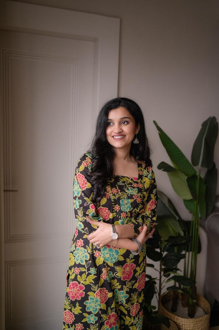 Samya Budget Cotton Suit- Black Multi Florals
