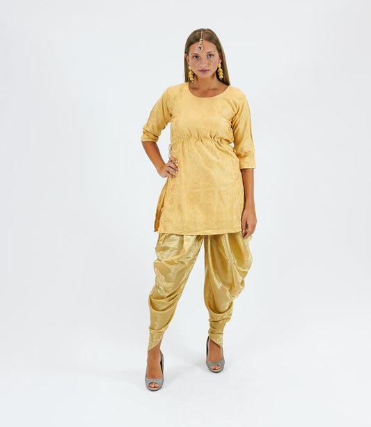 Silk Brocade Short Blonde Yellow Kurta With Dhoti/Tulip Pants