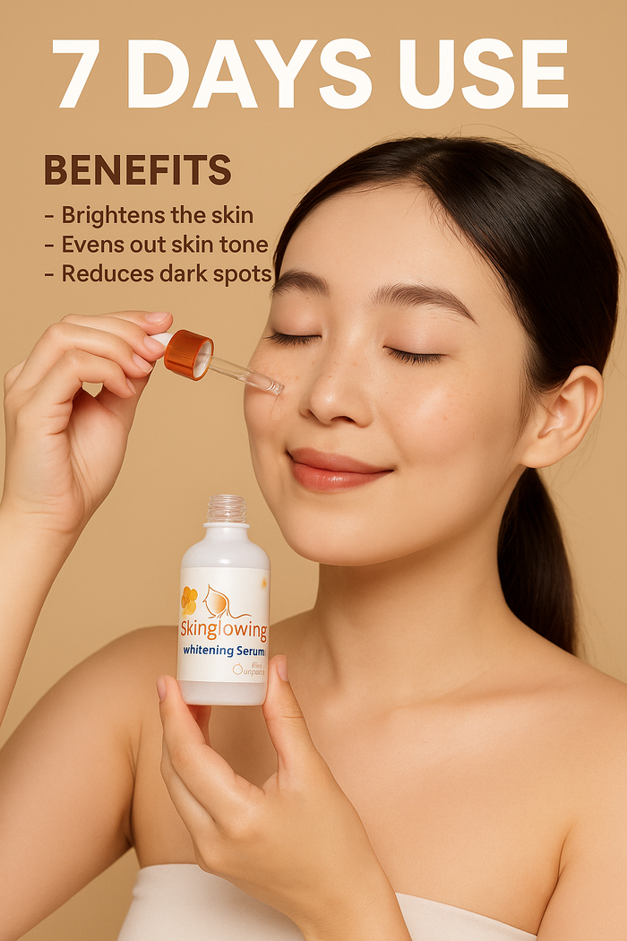 Woman using a skincare product with text about benefits on a beige background