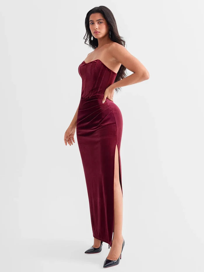 Strapless Velvet Ruched Sculpting Corset Gown