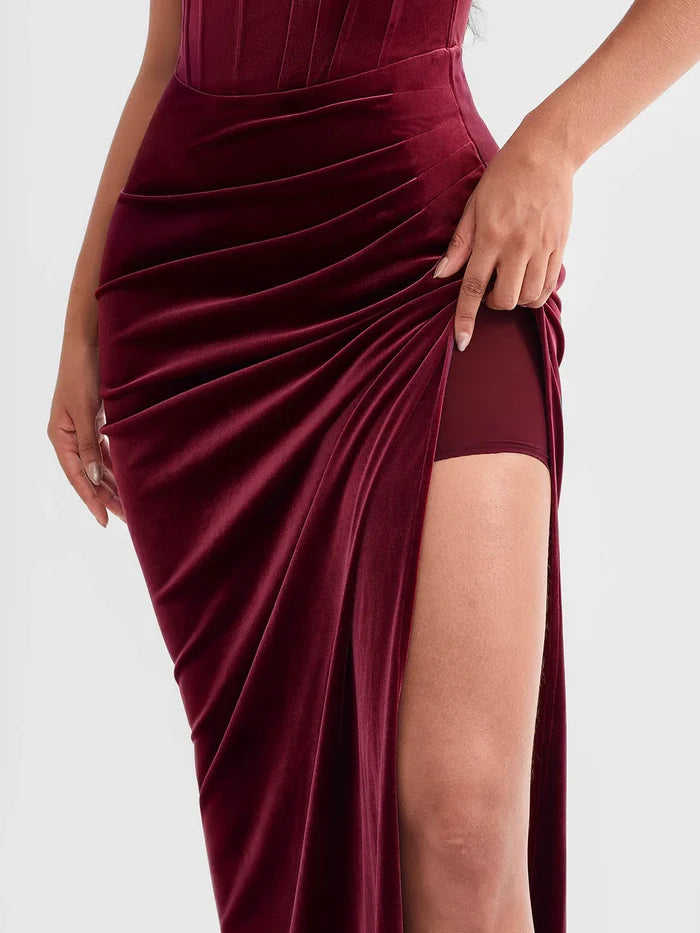 Strapless Velvet Ruched Sculpting Corset Gown