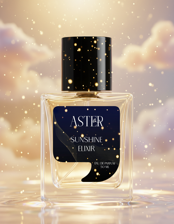 Perfume bottle labeled 'Aster Sunshine Elixir' with a starry design on a sparkling background