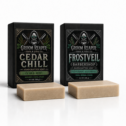 "The Clean Cut Duo handcrafted soap set by Groom Reaper — Cedar Chill and Frostveil Barbershop, two cold-pressed bars for beard, face, and body"