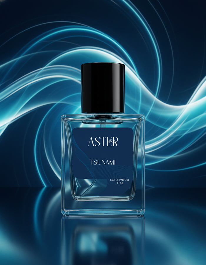 Aster Tsunami perfume bottle on a dark background with blue light effects