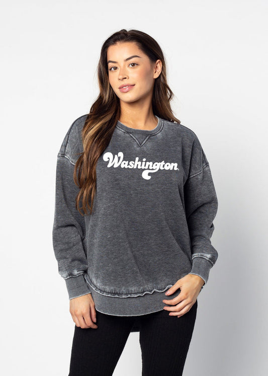 Washington Huskies Women's Charcoal Relaxed Burnout fleece Sweatshirt with crew neck, dropped shoulders and hi-lo curved hem