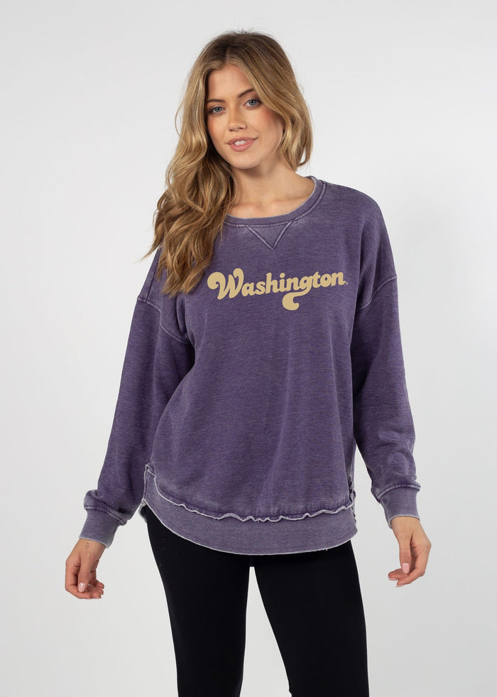 Washington Huskies Women's Grape Relaxed Burnout fleece Sweatshirt with crew neck, dropped shoulders and hi-lo curved hem