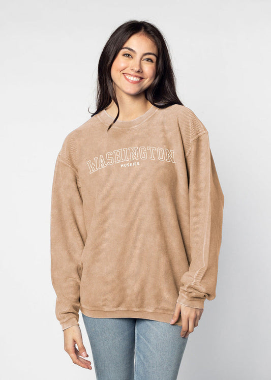 Washington Huskies Unisex Latte Oversized Premium cotton corded fleece Sweatshirt with Super soft hand feel, vintage wash and ribbed crew neckline, cuffs, and hemline