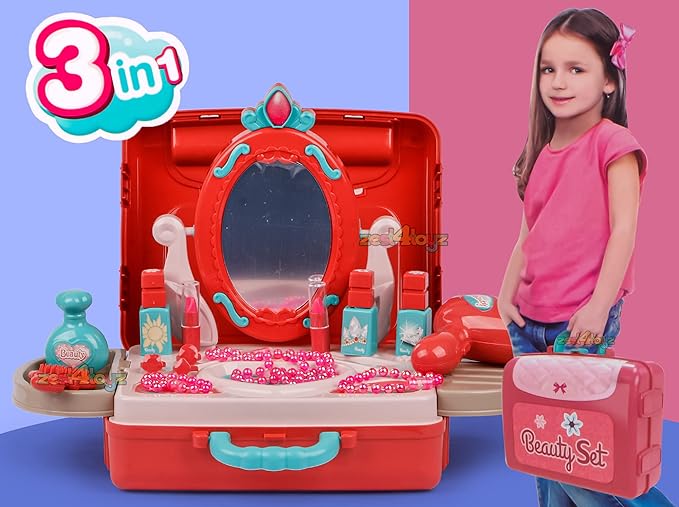 White Whale Beauty Set for Kids Girls 3 in 1 Learning Educational Make Up Suitcase Kit with Makeup Accessories Pretend Play Set Portable Suitcase Toy Gift for Girls - Pink