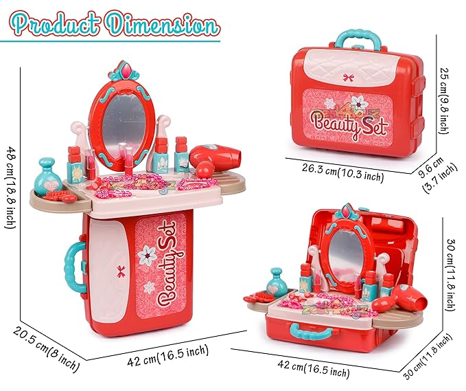 White Whale Beauty Set for Kids Girls 3 in 1 Learning Educational Make Up Suitcase Kit with Makeup Accessories Pretend Play Set Portable Suitcase Toy Gift for Girls - Pink