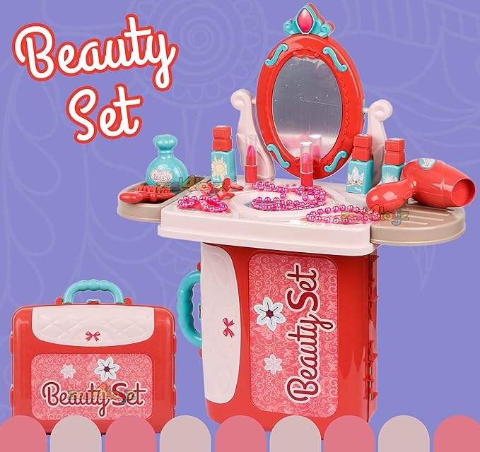White Whale Beauty Set for Kids Girls 3 in 1 Learning Educational Make Up Suitcase Kit with Makeup Accessories Pretend Play Set Portable Suitcase Toy Gift for Girls - Pink