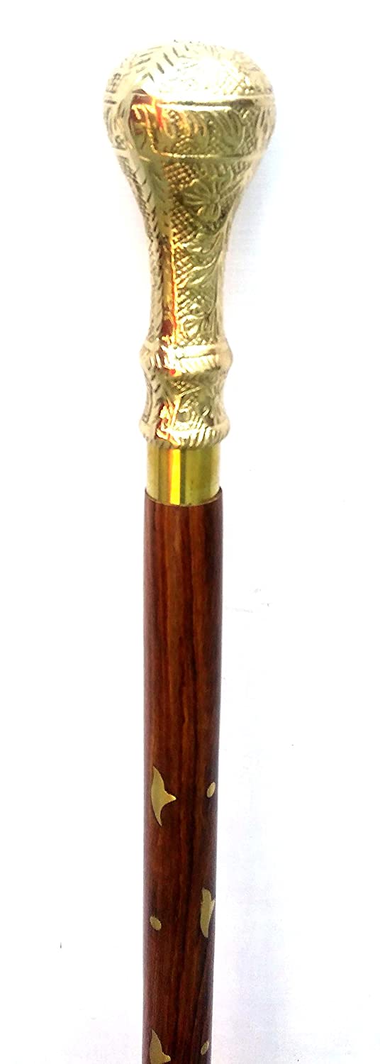 White Whale Round Brass Handle Walking Stick - Men Derby Canes and Wooden Walking Stick for Men and Women - 37" Brown Ebony Brass Handle in Golden Tone Natural Wood Unisex Cane
