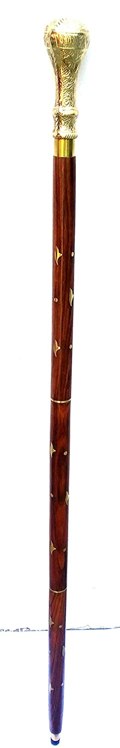 White Whale Round Brass Handle Walking Stick - Men Derby Canes and Wooden Walking Stick for Men and Women - 37" Brown Ebony Brass Handle in Golden Tone Natural Wood Unisex Cane