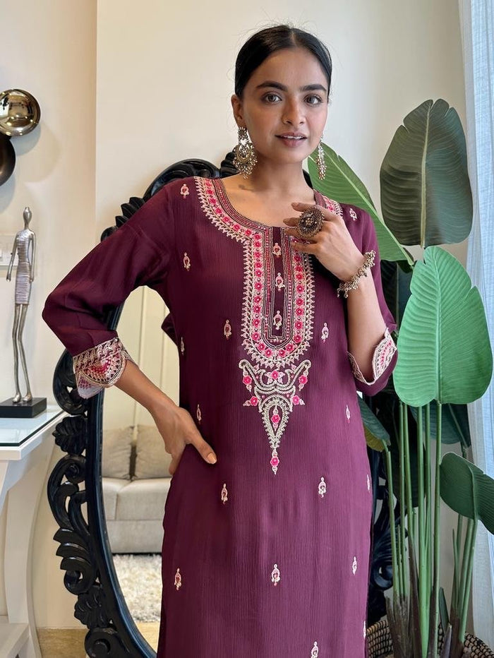 Wine Noor Cutwork Set
