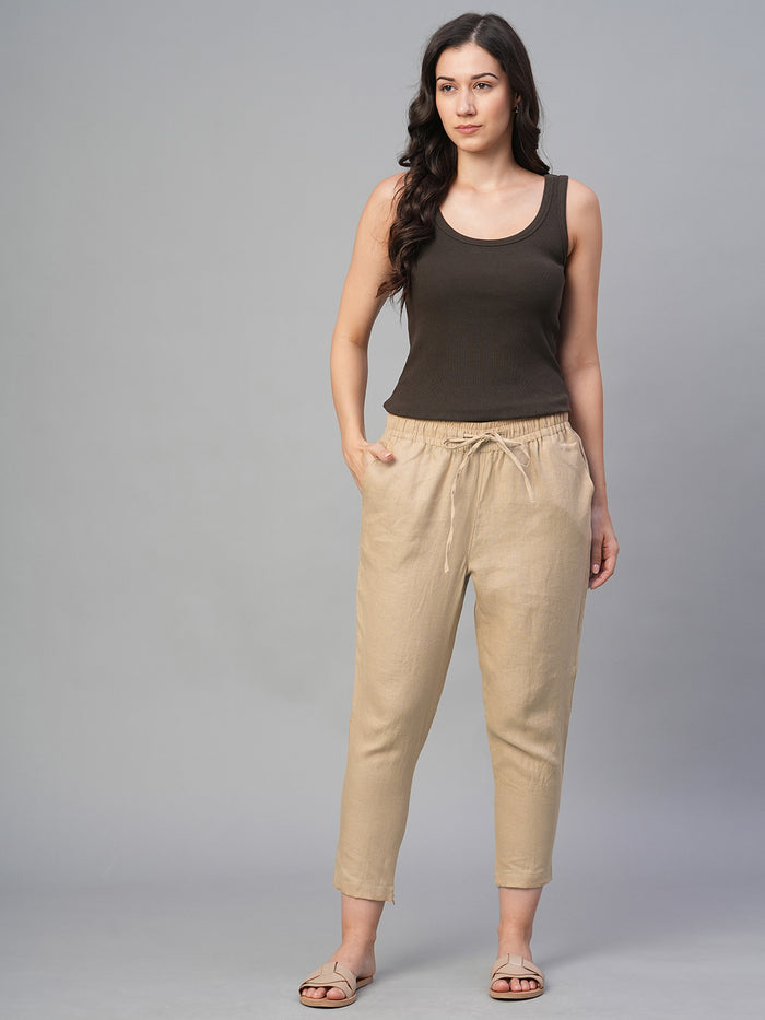 Women's 100% Linen Slim Fit Pant Khaki