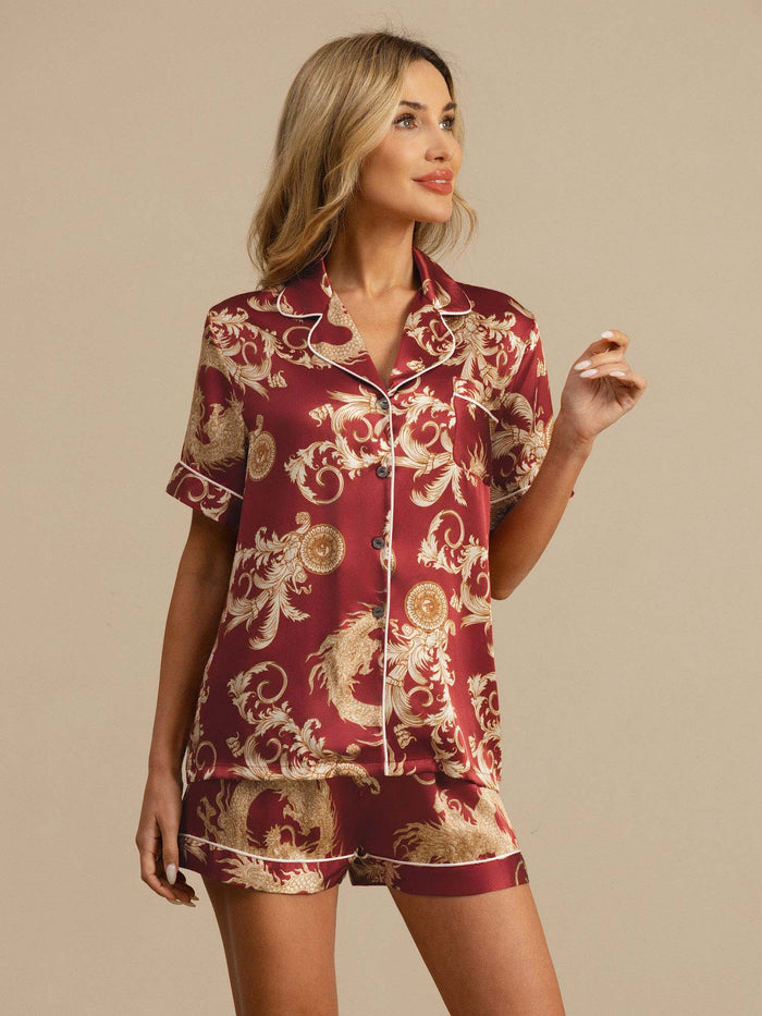 [Wine Dragon] SilkSilky  Short Sleeve Lapel Collar Women's Pajamas 001