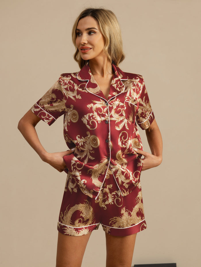 [Wine Dragon] SilkSilky  Short Sleeve Lapel Collar Women's Pajamas 003