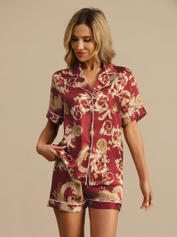[Wine Dragon] SilkSilky  Short Sleeve Lapel Collar Women's Pajamas 004