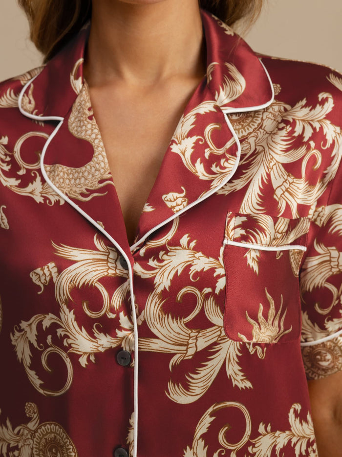 [Wine Dragon] SilkSilky  Short Sleeve Lapel Collar Women's Pajamas 005