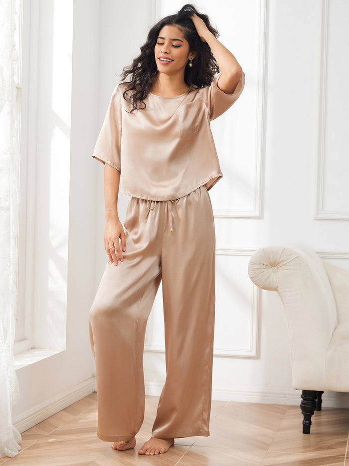 [Champagne] SilkSilky  Half Sleeve Round Neck Women's Pajamas 001