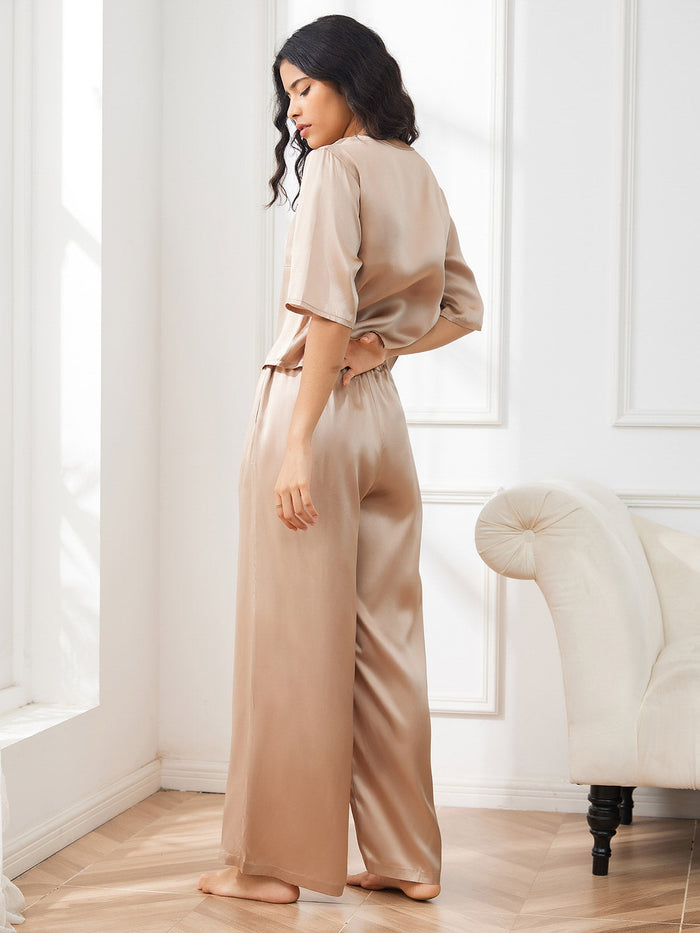 [Champagne] SilkSilky  Half Sleeve Round Neck Women's Pajamas 002