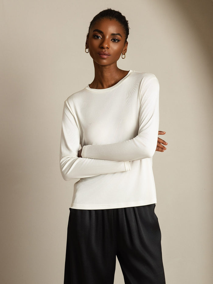 [White] SilkSilky  Long Sleeve Crew Neck Women's T-Shirt 001