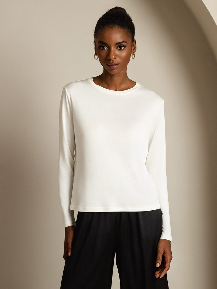 [White] SilkSilky  Long Sleeve Crew Neck Women's T-Shirt 003