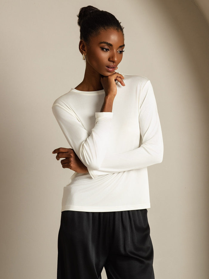 [White] SilkSilky  Long Sleeve Crew Neck Women's T-Shirt 006