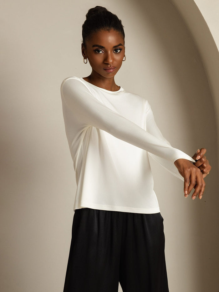 [White] SilkSilky  Long Sleeve Crew Neck Women's T-Shirt 007