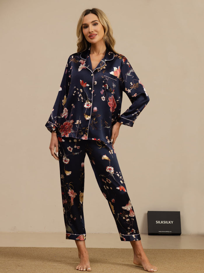 [Navy Floral] SilkSilky  Long Sleeve Lapel Collar Women's Pajamas 001