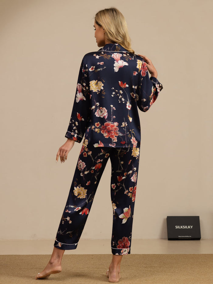 [Navy Floral] SilkSilky  Long Sleeve Lapel Collar Women's Pajamas 002