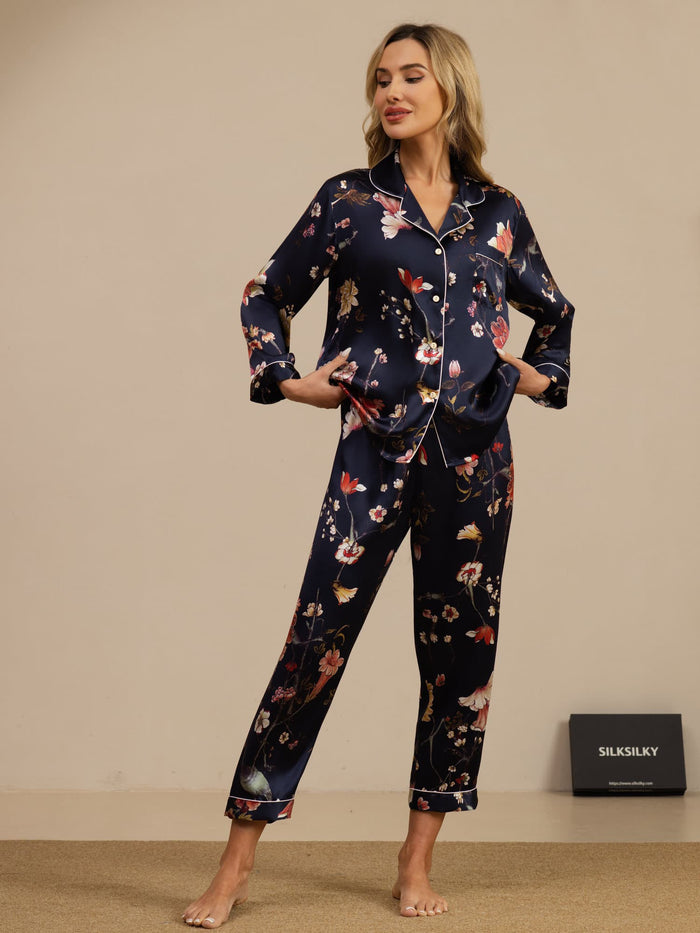 [Navy Floral] SilkSilky  Long Sleeve Lapel Collar Women's Pajamas 003
