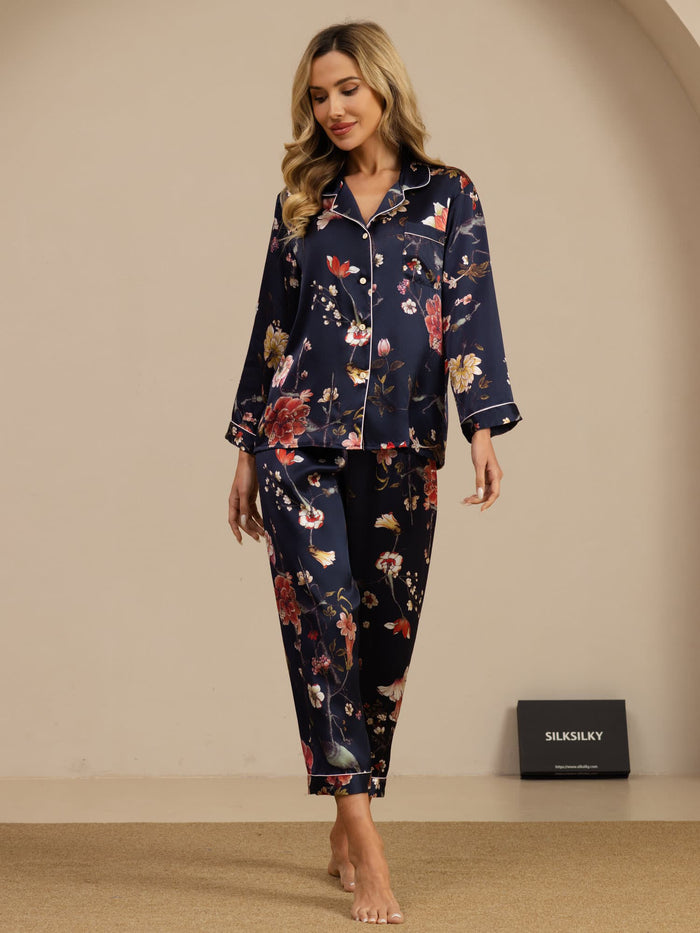 [Navy Floral] SilkSilky  Long Sleeve Lapel Collar Women's Pajamas 004