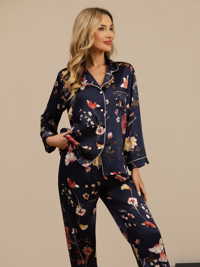 [Navy Floral] SilkSilky  Long Sleeve Lapel Collar Women's Pajamas 005